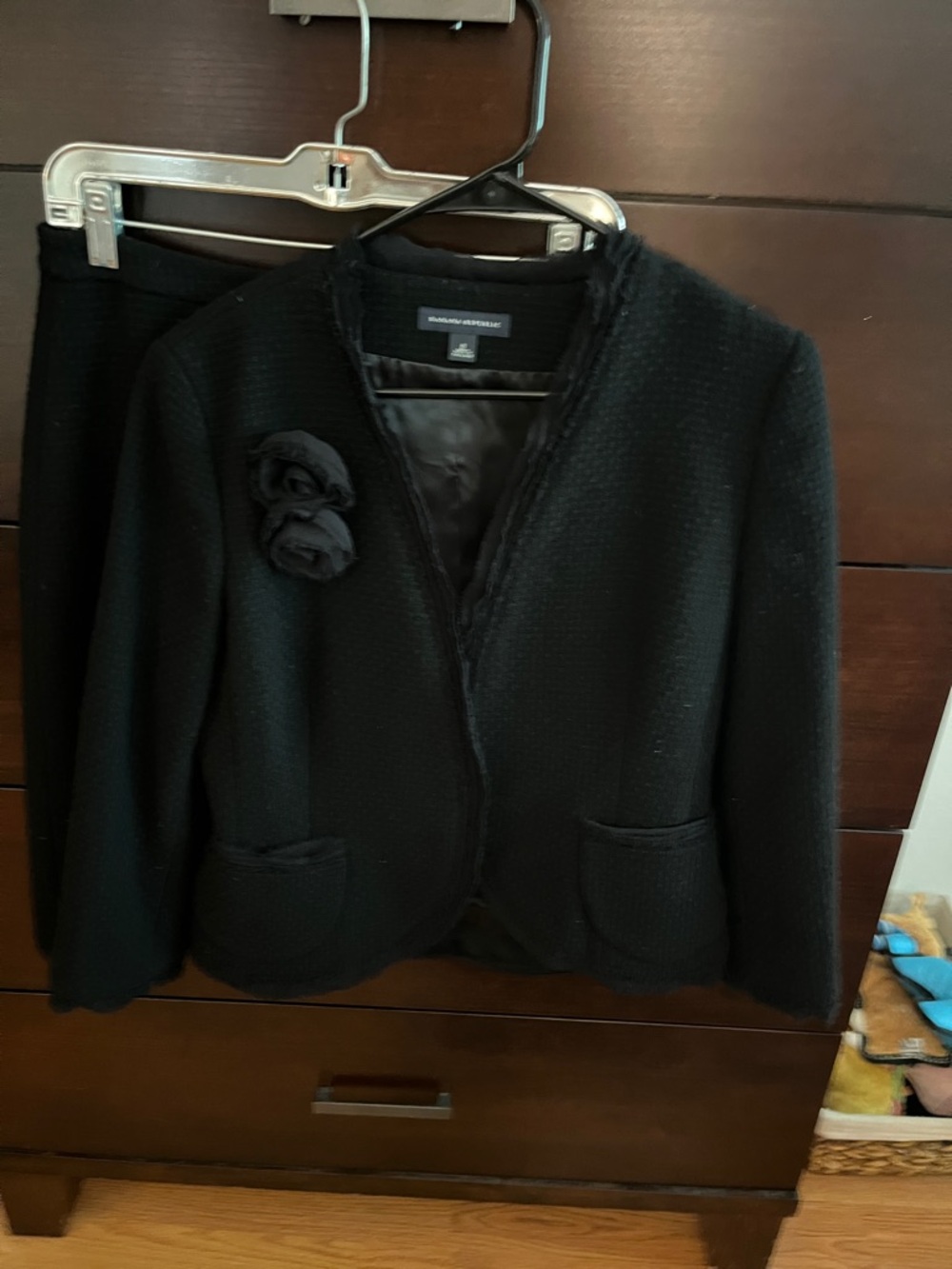 Banana Republic Black Bouclé Suit with Open-Front Jacket and skirt